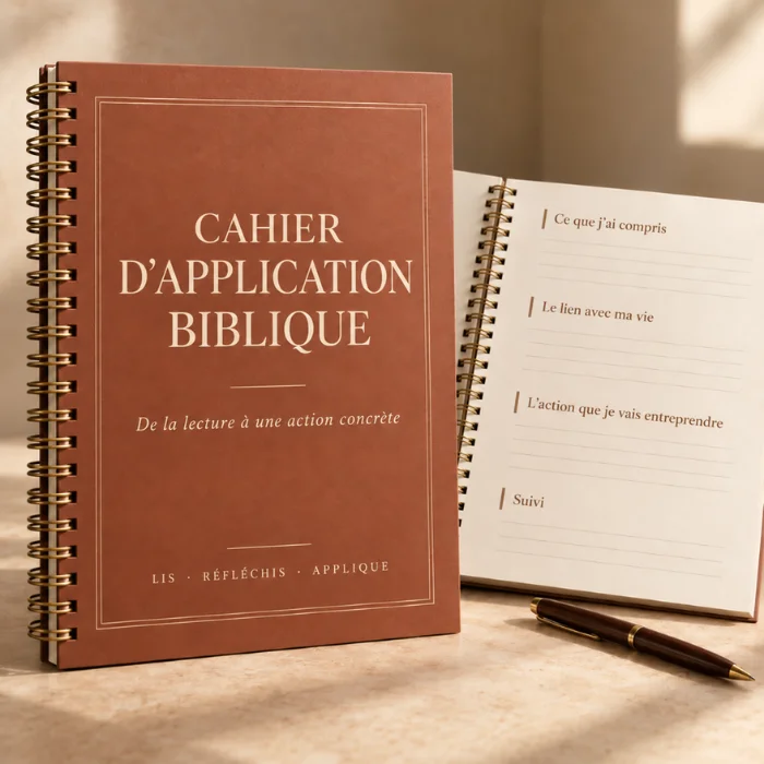 Cahier de mise en pratique biblique avec une couverture terracotta et une reliure à spirale dorée, accompagné de ses pages intérieures guidées.